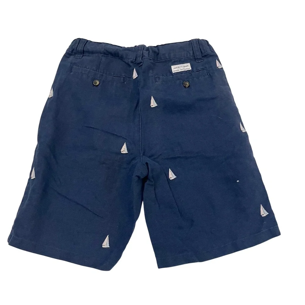Janie and Jack Boys Navy Blue Sailboat Embroidered Linen Blend Shorts Size 8